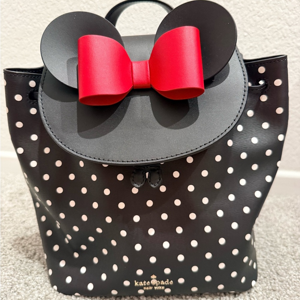 kate spade Black Polka Dot Minnie Mouse Backpack with Red Bow